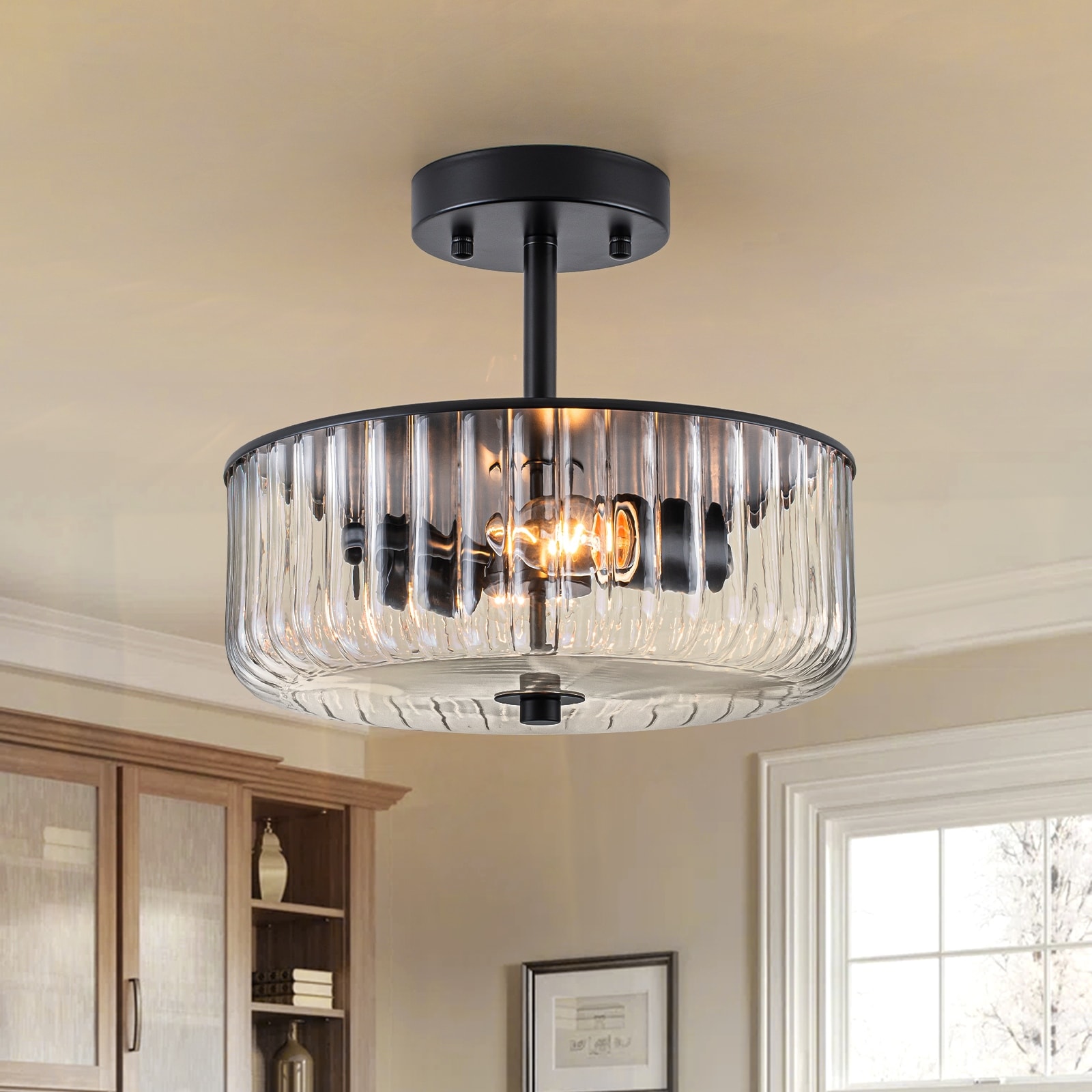 Modern 2-Light Drum Semi-Flush Mount Ceiling Light with Clear Ribbed Glass Shade - 11.0 in. x 9.4 in. H