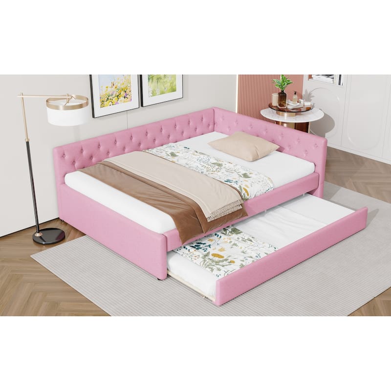 Full XL Size Upholstered Platform Bed Frame with Trundle, Elegant Tufted Button Design and Extra Sleeping Space for Bedroom
