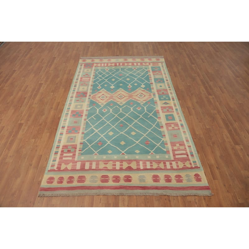 Hand Woven Oriental 100% Wool Carpet Southwestern Tribal Navy Blue & Blues Kilim Area Rug - 9' 8'' X 5' 8''