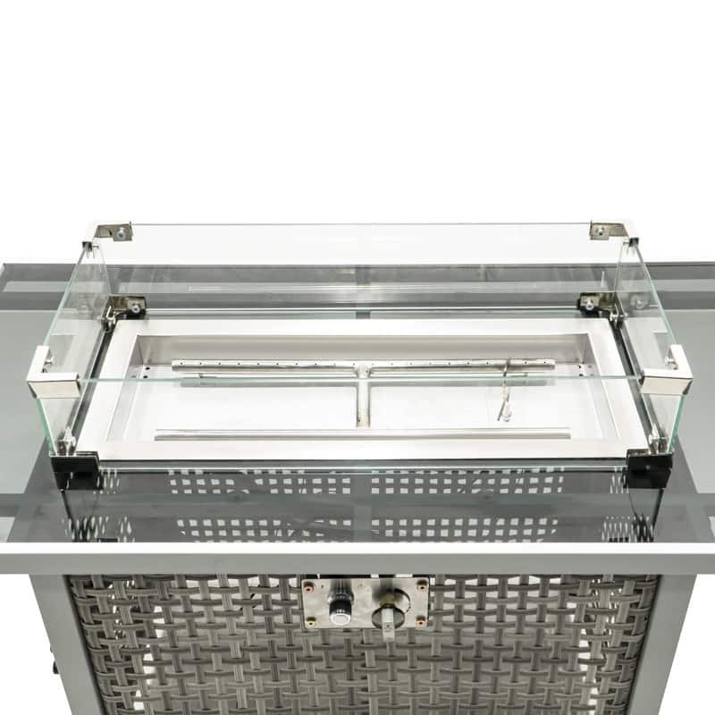 43" Propane Gas Fire Pit Table, 60000 BTU Rectangular Open Weave Wicker Fire Pit with Glass Wind Guard