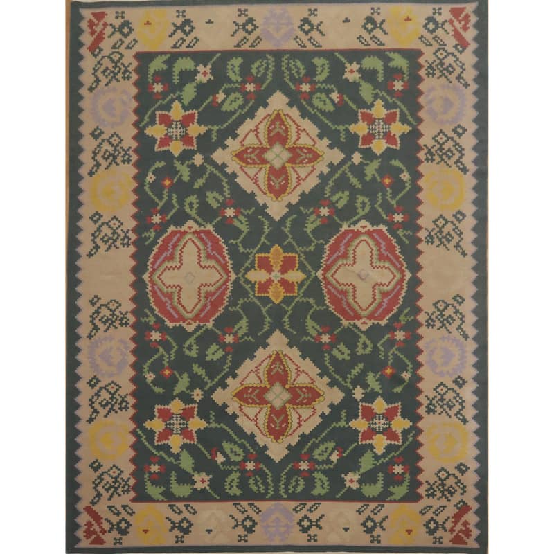 Hand Woven Oriental 100% Wool Carpet Southwestern Tribal Green Kilim Area Rug - 11' 8'' X 8' 11''