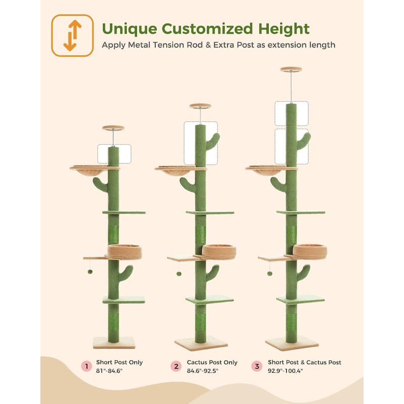 Floor to Ceiling Adjustable Height Cat Tree, 5 Levels Cactus Cat Tower with Cat Perch & Replaceable Hammock