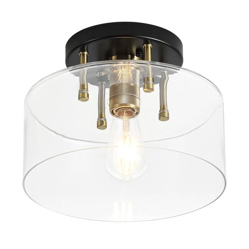 Farmhouse Black Brass 1-Light Glass Drum Semi Flush Ceiling Fixture - 11.8 Inches
