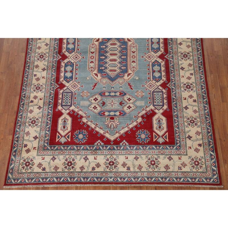 Hand Knotted Oriental 100% Wool Carpet Traditional Geometric Navy Blue & Blues Kazak Area Rug - 9' 6'' X 6' 8''