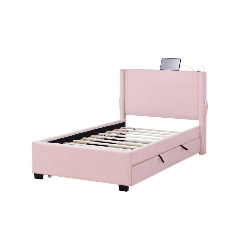 Twin SIZE UPHOLSTERED BED FRAME WITH TRUNDLE BED, TEDDY FABRIC, USB FUNCTIONALITY, AND A POCKET DESIGN ON THE SIDE