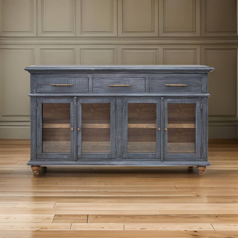 71 Inch Sideboard Console Table, 3 Drawers, 4 Glass Doors, Pine Wood, Blue