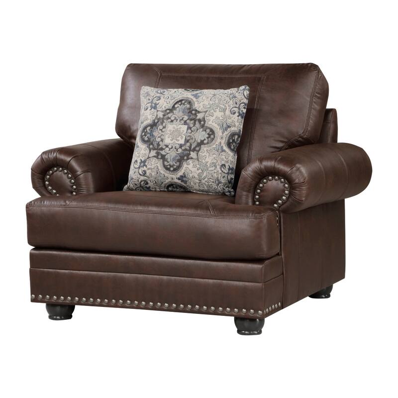 Jade 41 Inch Accent Chair, Rich Brown Microfiber, 1 Decor Pillow, Wood