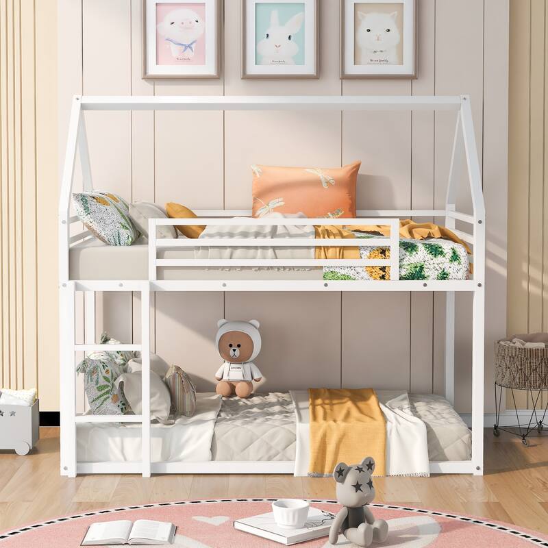 Twin Over Twin Metal Bunk Bed, Playhouse Bunk Beds w/Safety Guardrail & Ladder, Metal Twin Bunk Bed Frame, No Box Spring Needed