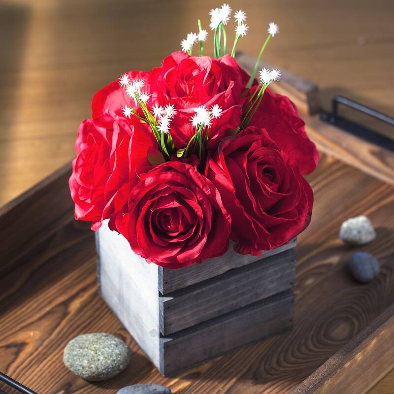 Enova Home Artificial Mixed Silk Roses Fake Flowers Arrangement with Wood Planter for Home Wedding Centerpiece