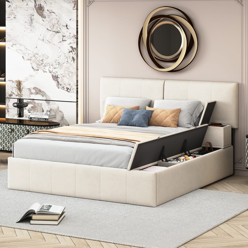 Elegant Design Upholstered Platform Bed with Lateral Storage Compartments