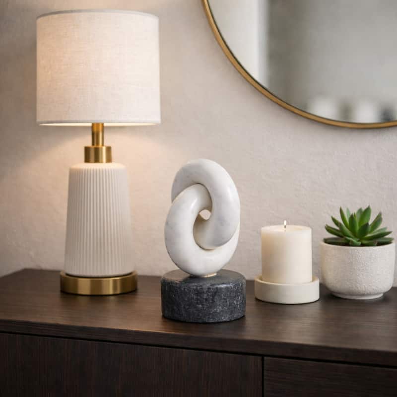 Modern Marble Link Figurine - Decorative Statue - 9", White & Gray - 8.75"