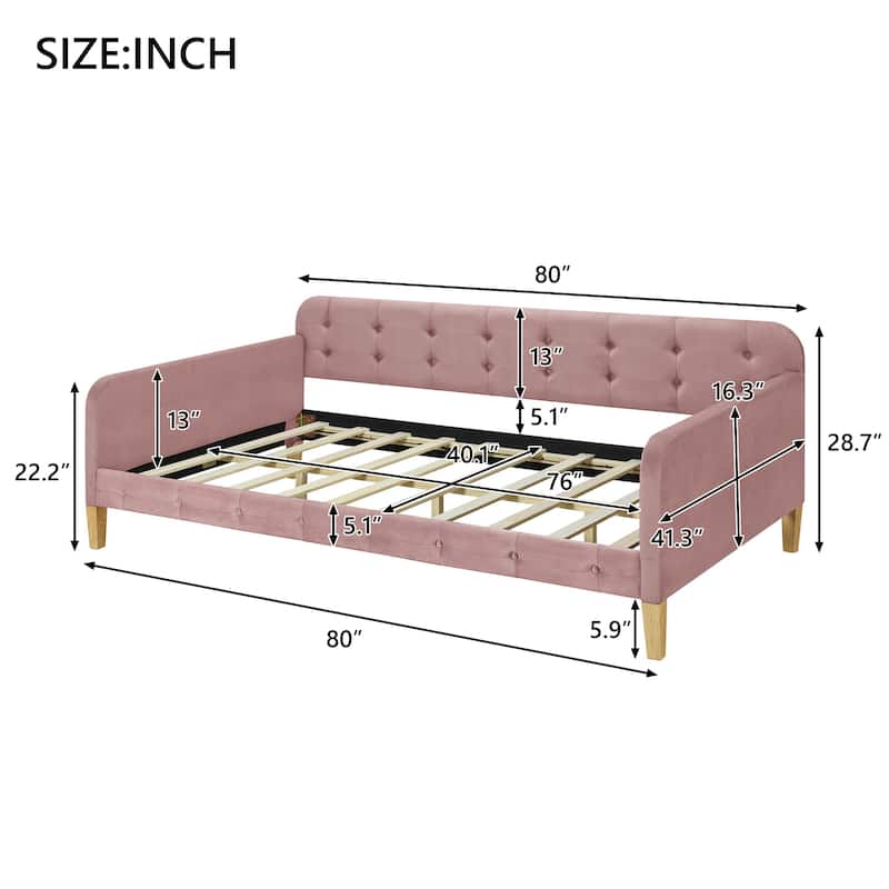 Twin Size Velvet Upholstered Daybed with Slatted and 4 Wooden Support Legs, Button Backrest Platform Bed Frame