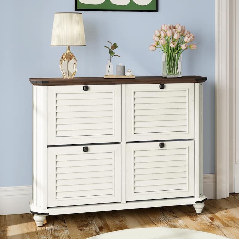 Moasis Farmhouse 4 Flip Drawers Shoe Storage Cabinet with Adjustable Shelves - Antique White