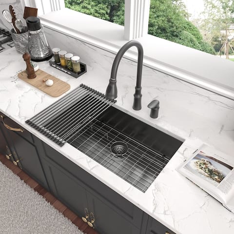 Lordear 30/32/33 inch Gunmetal Black 16 Gauge Stainless Steel Kitchen Sink Undermount Single Bowl Sink