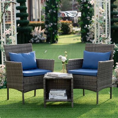 Tappio Outdoor 3 Piece Bistro Chat Set PE Wicker Chairs with Cushions - 33"H x 20"W x 19.3"D