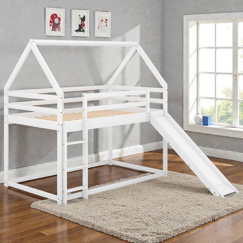 Twin House Bunk Bed with Slide and Ladder, Kids Wooden Bunk Bed Frame with Guardrails, Pine Wood and MDF