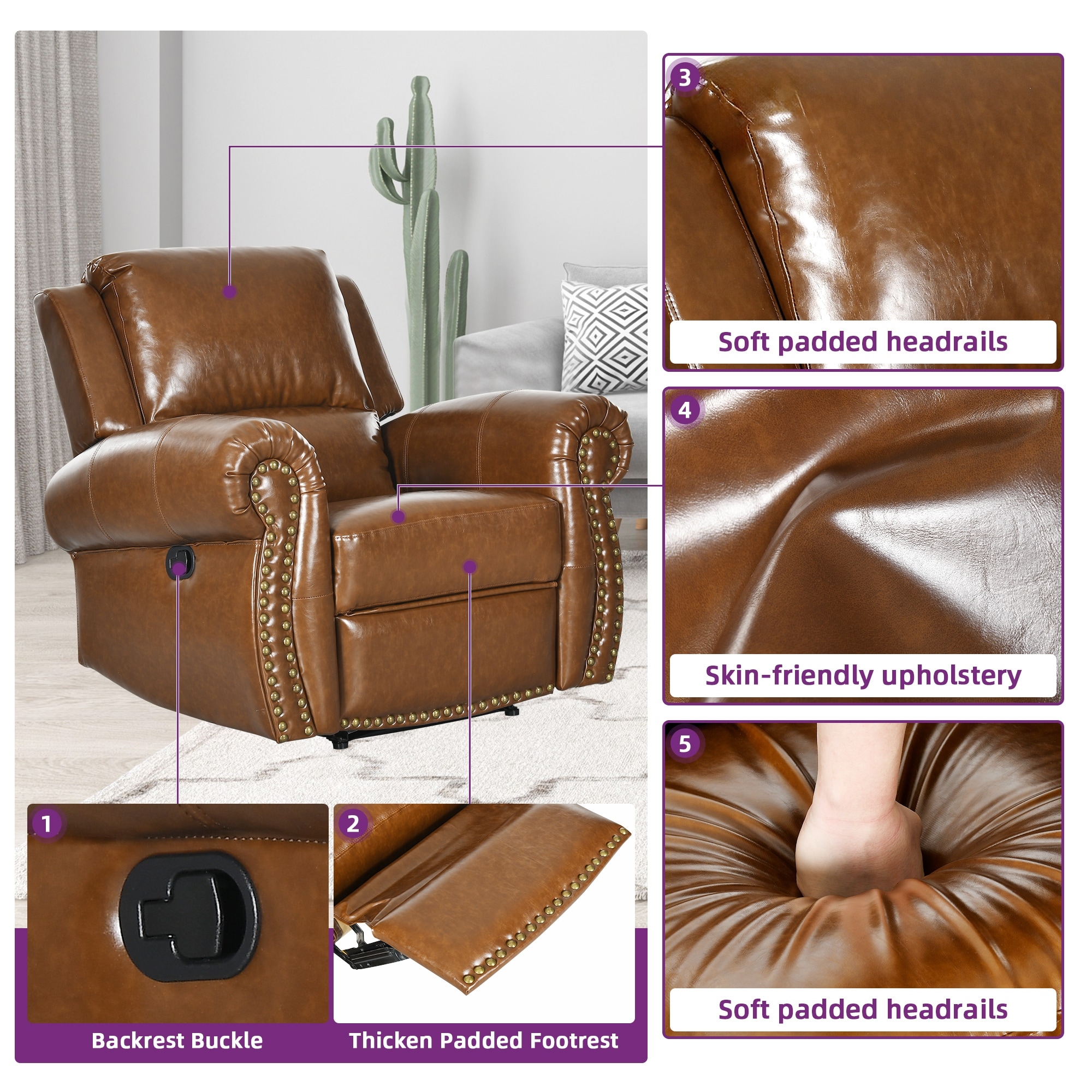 Traditional Classics Rolled Arm PU Leather Recliner Chair with