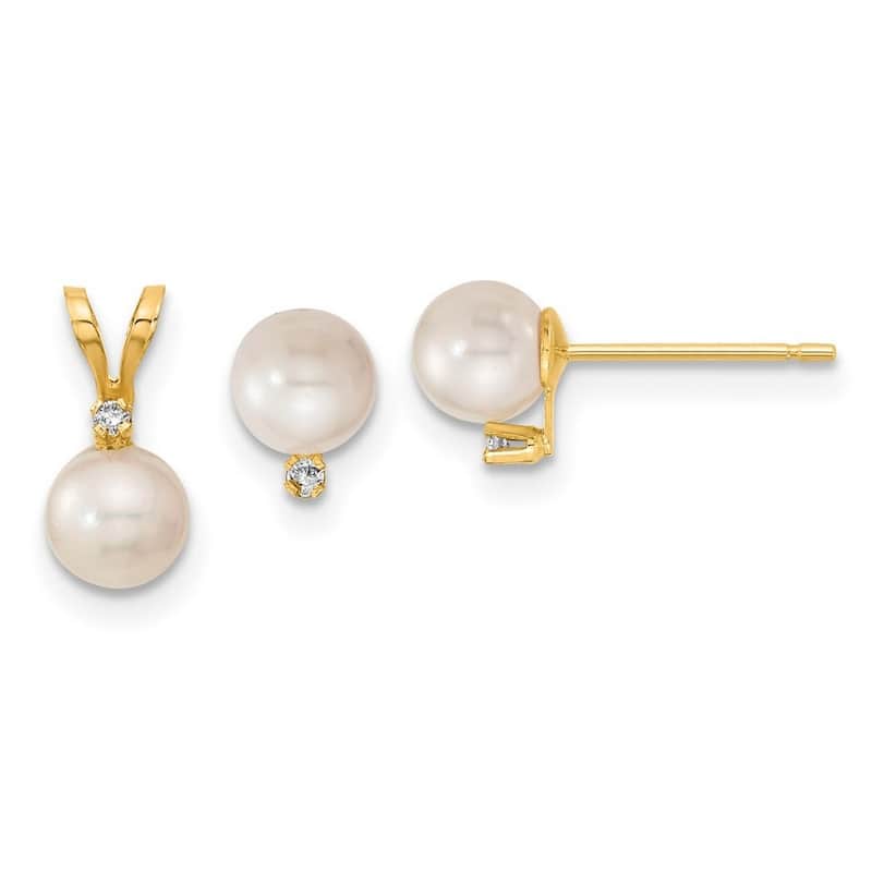 Curata 14k Yellow Gold 5-5.5mm Freshwater Cultured Pearl and Diamond Earrings Pendant Necklace Set