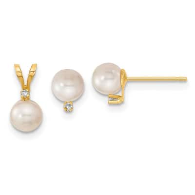 Curata 14k Yellow Gold 5-5.5mm Freshwater Cultured Pearl and Diamond Earrings Pendant Necklace Set
