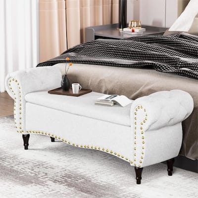 53" Length Upholstered Bench, Ottoman with Safety Hinge and Rolled Arm