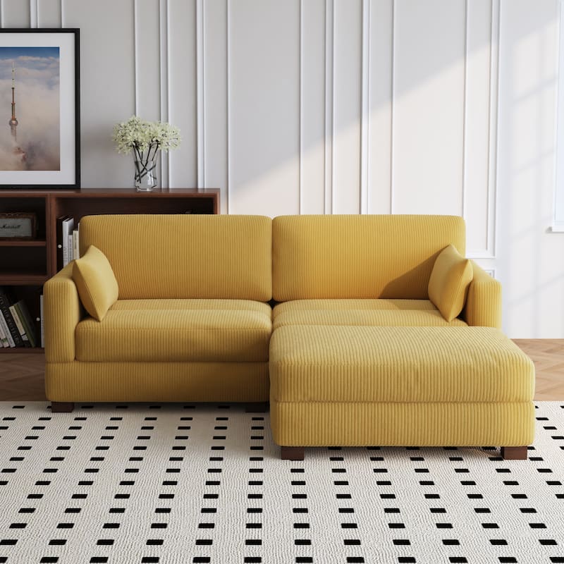 84'' L-Shaped Corduroy Comfy Couch Modular Sectional Sofa With Ottoman