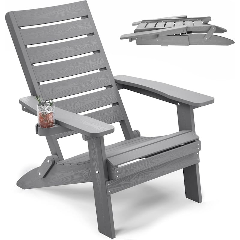WINSOON HIPS Folding Adirondack Chairs with Arc Back & Cup Holder - Grey