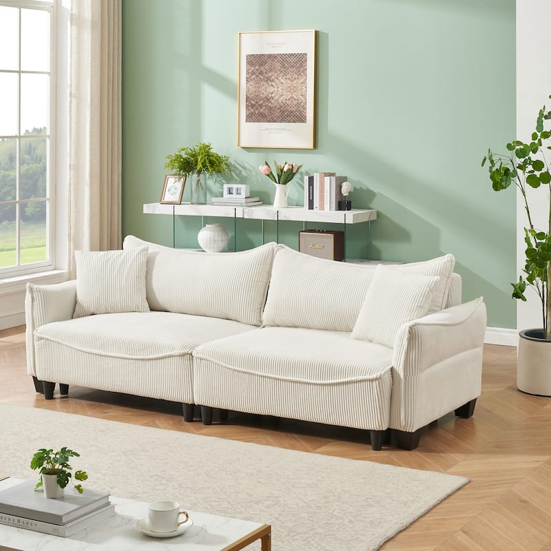 Beige 87.79" Corduroy 3-seater Sofa Bed with Two Throw Pillows and Storage for Living Room