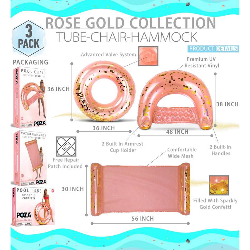 POZA Rose Gold Inflatable Pool Floats Seating Bundle - 3 Pieces Pack - ‎56 x 30 x 5 inches