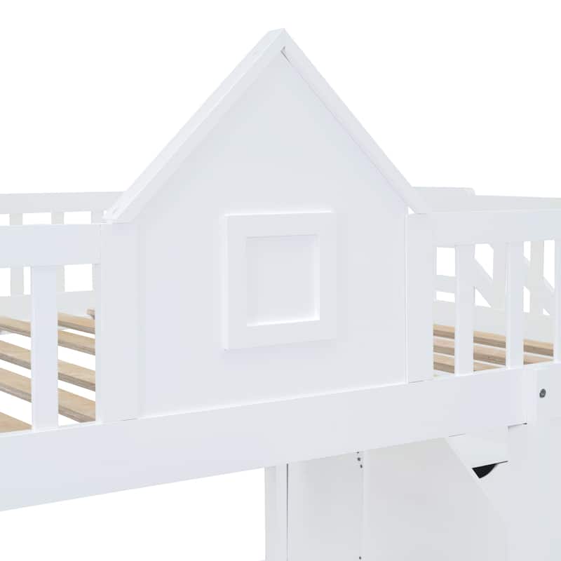 Full Size Wooden Loft Bunk Bed with Table, Seats, and Storage Shelves