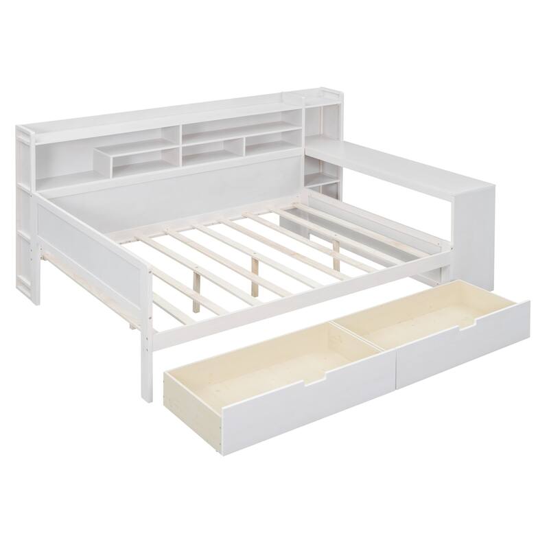 Full Size Wooden Daybed with Storage Drawers and Built-in Study Desk - Multi-functional Bed in Antique White