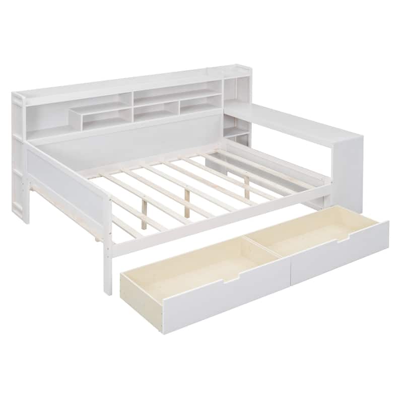 Multi-functional Wooden Full Size Daybed with Storage Shelves, Drawers, and Study Desk