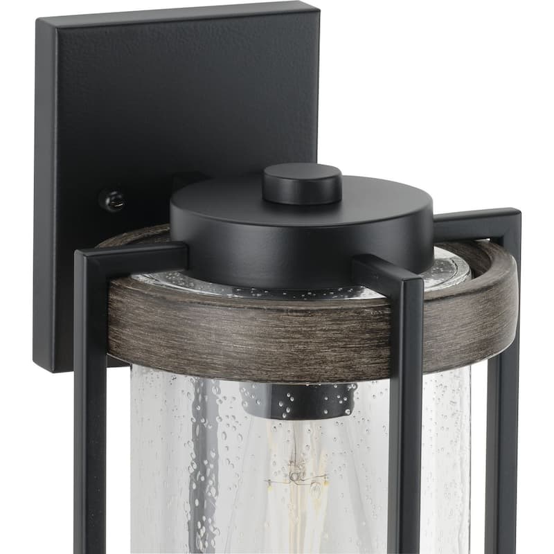 Whitmire Collection One-Light Matte Black with Aged Oak Accents Clear Seeded Glass Farmhouse Outdoor Wall Lantern Light