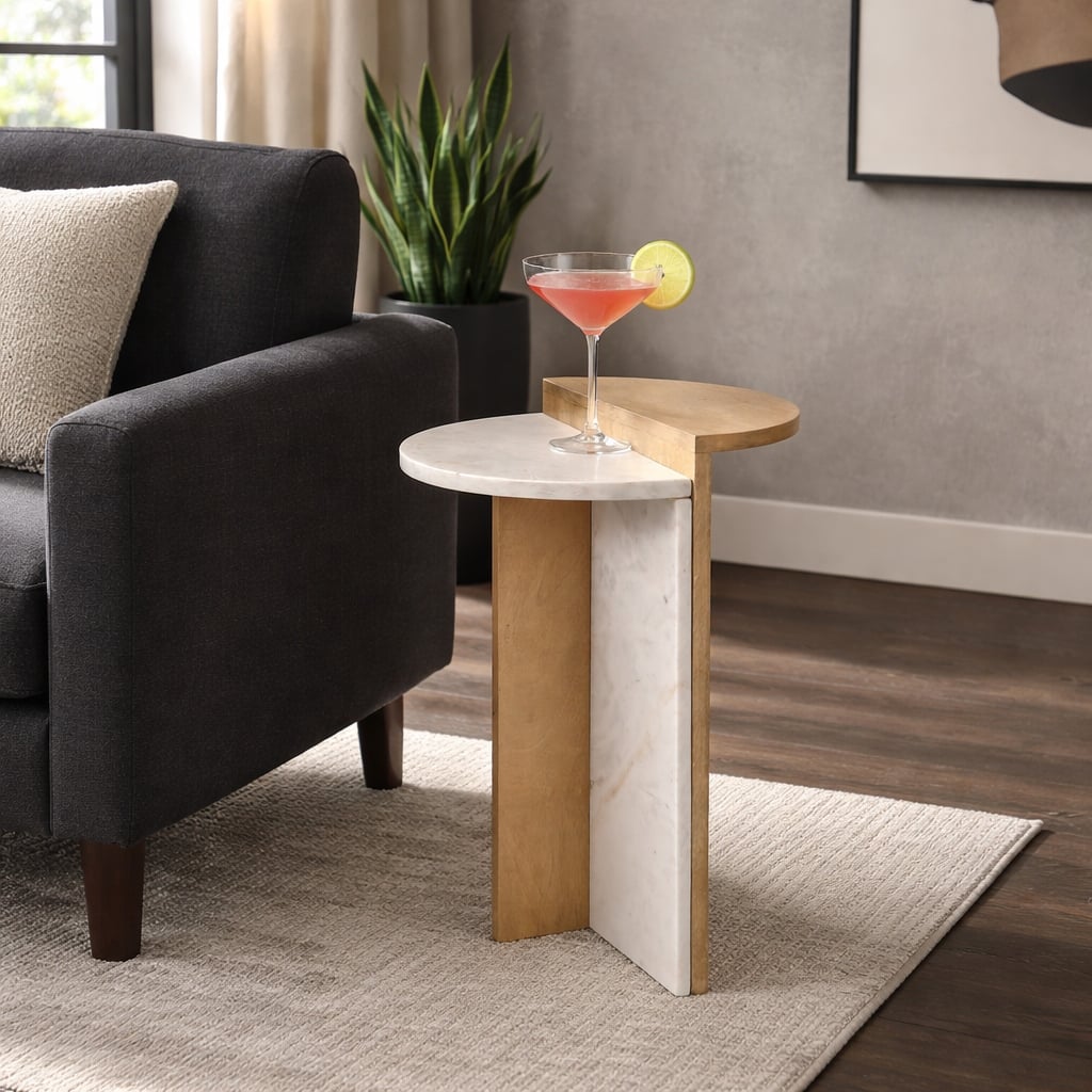 Elegant Wood and Marble Side Table - 22", Brown & Tan - 21.75"