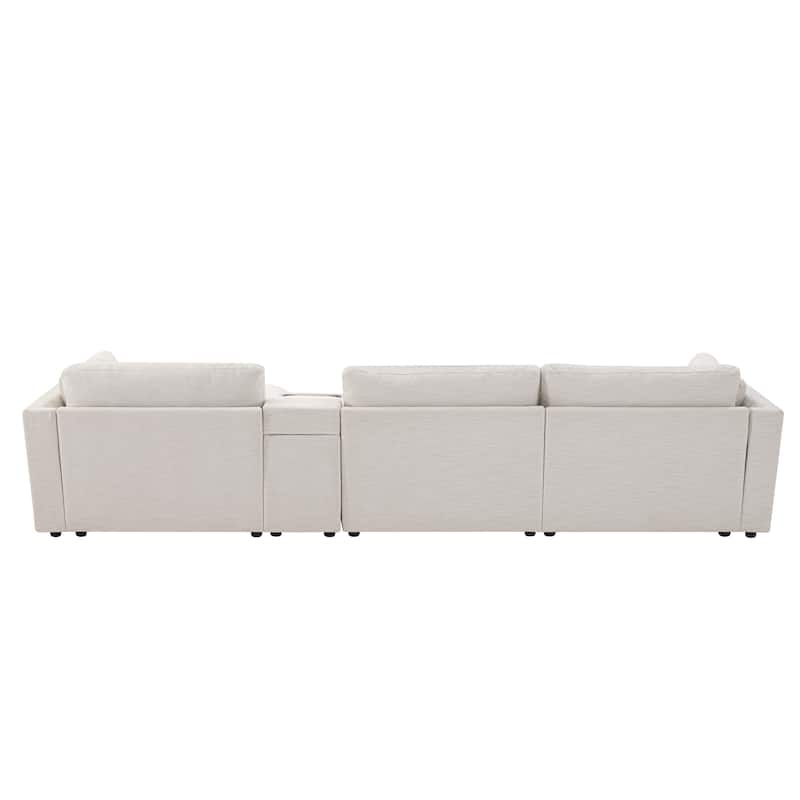 124'' Modular Sectional Sofa with Storage Console and Movable Ottoman, 4-Seat, Chenille, Beige