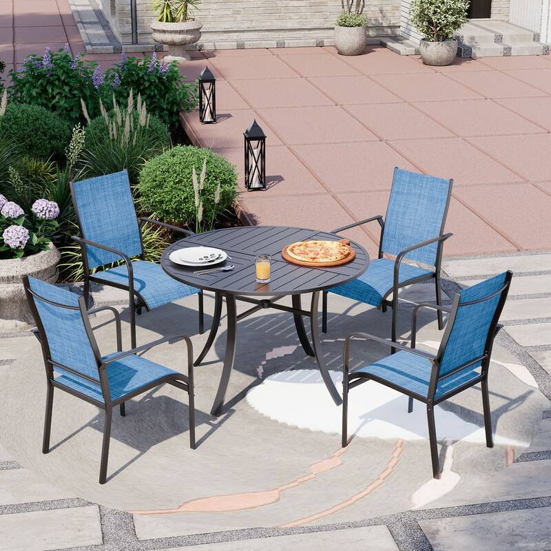 Patio Dining Set, Outdoor Dining Table and Chairs Set with Textilene Chairs, Adjustable Umbrella Hole for Garden, Backyard - 5 Piece-Round - Blue
