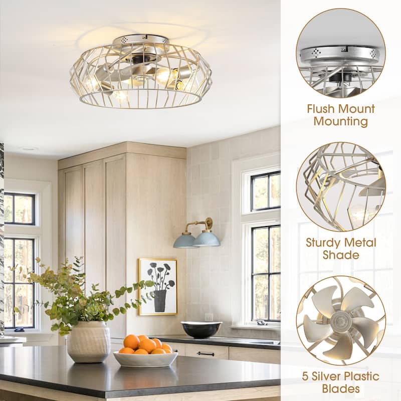 19.7" Vintage Silver Metal 6-Speed Caged Ceiling Fan with Light Kit, Remote and App