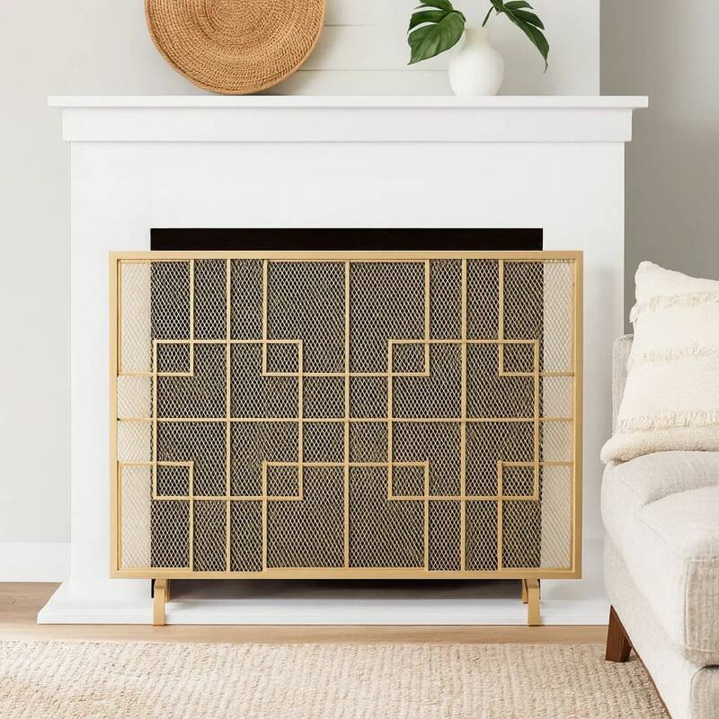 31x41 Fireplace Screen, Overlapping Square Design, Classic Gold Iron