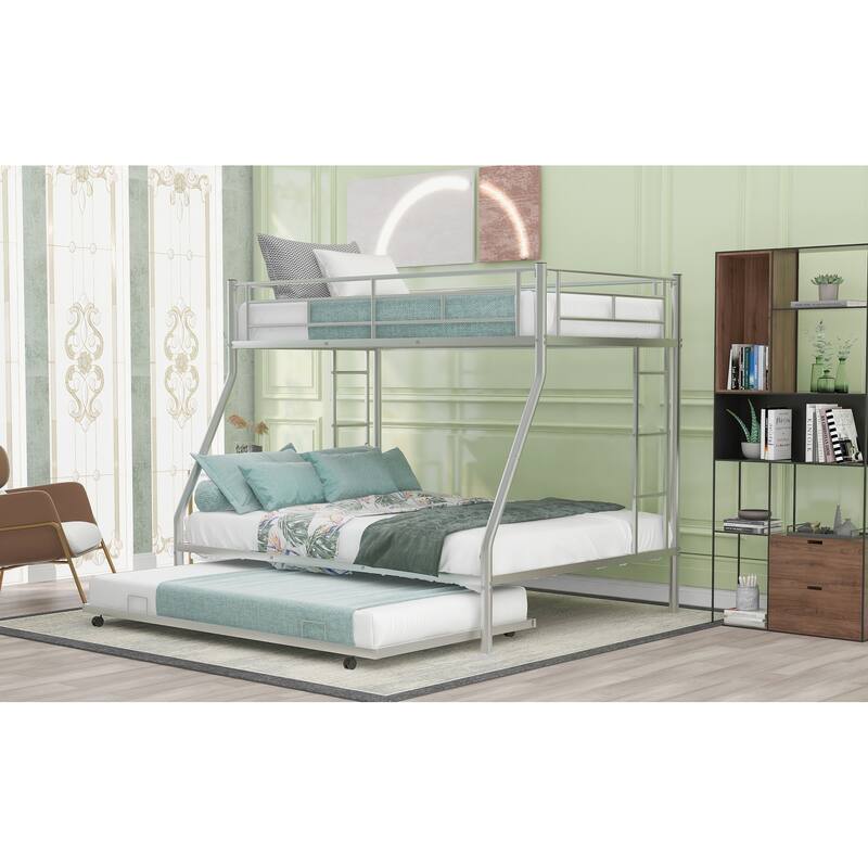 Twin over Full Bunk Bed with Trundle, Two-Side Ladders, Silver Finish