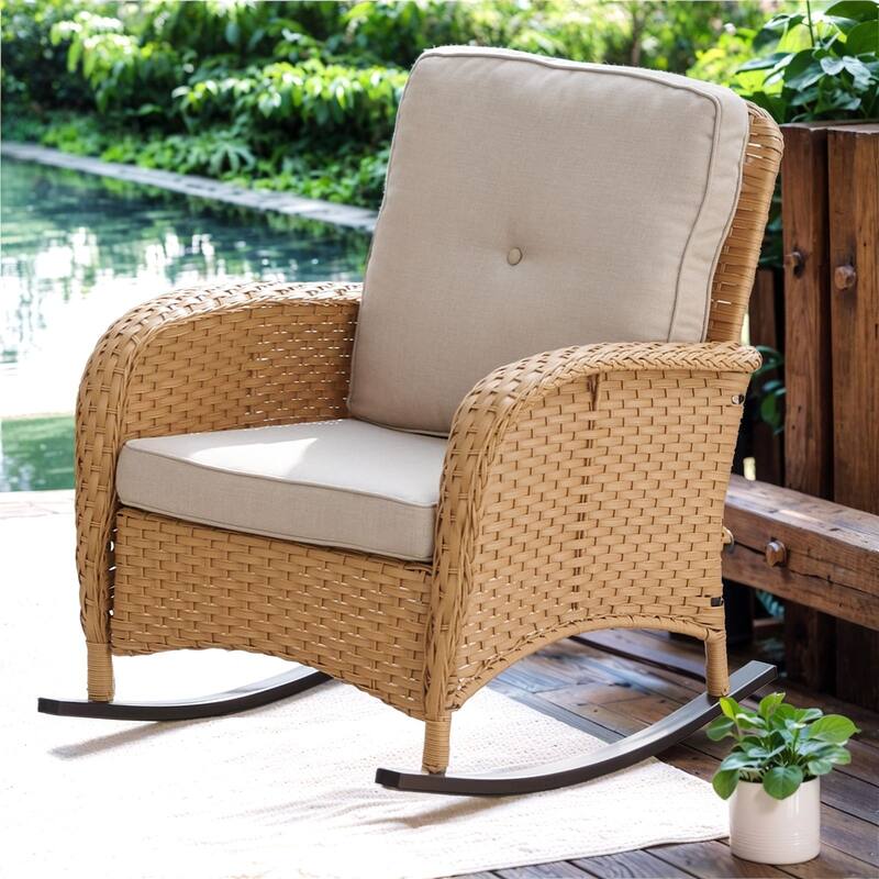 Pocassy Outdoor Wicker Patio Chairs Set - Yellow Wicker Beige Cushion - 1PC Rocker Chair