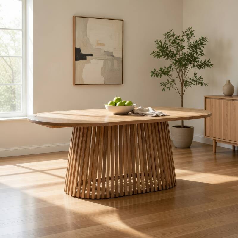 Lev Dining Table, 79 Inch Oval Top, Pedestal Base, Natural Brown Wood - Natural Brown