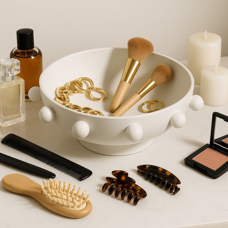 Decorative Round Metal Bowl with Beaded Rim - Home Decor - 11", White - 11.0"