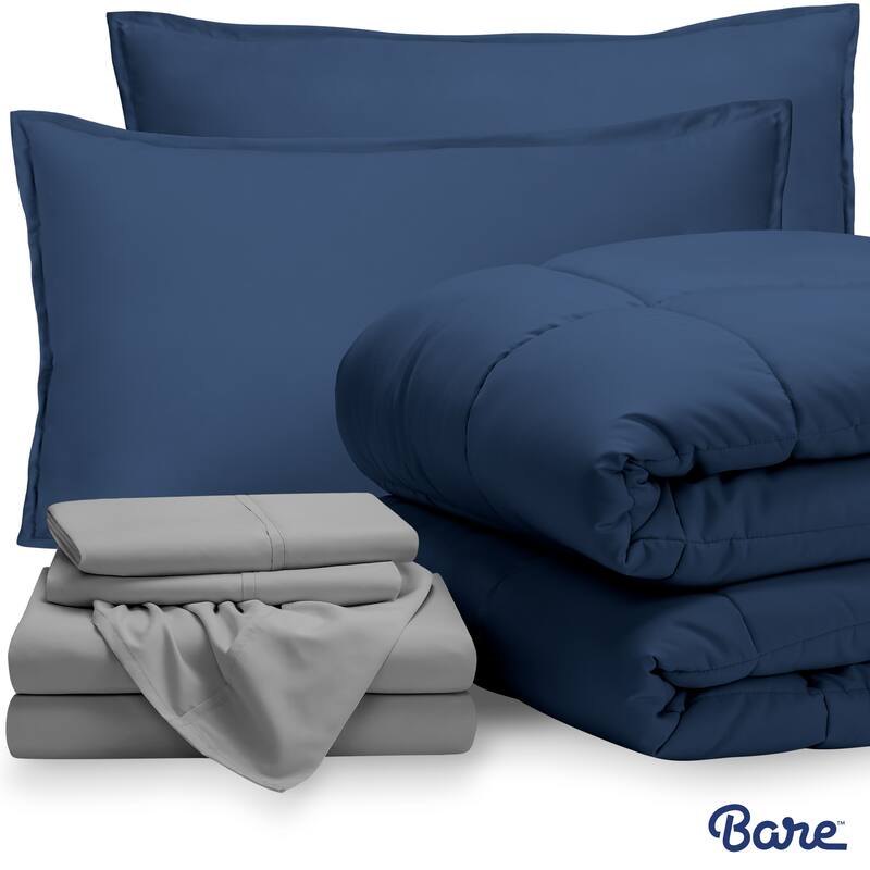 Bare Home Bed-in-a-Bag Down Alternative Comforter & Sheet Set - Dark Blue/Light Grey - Full