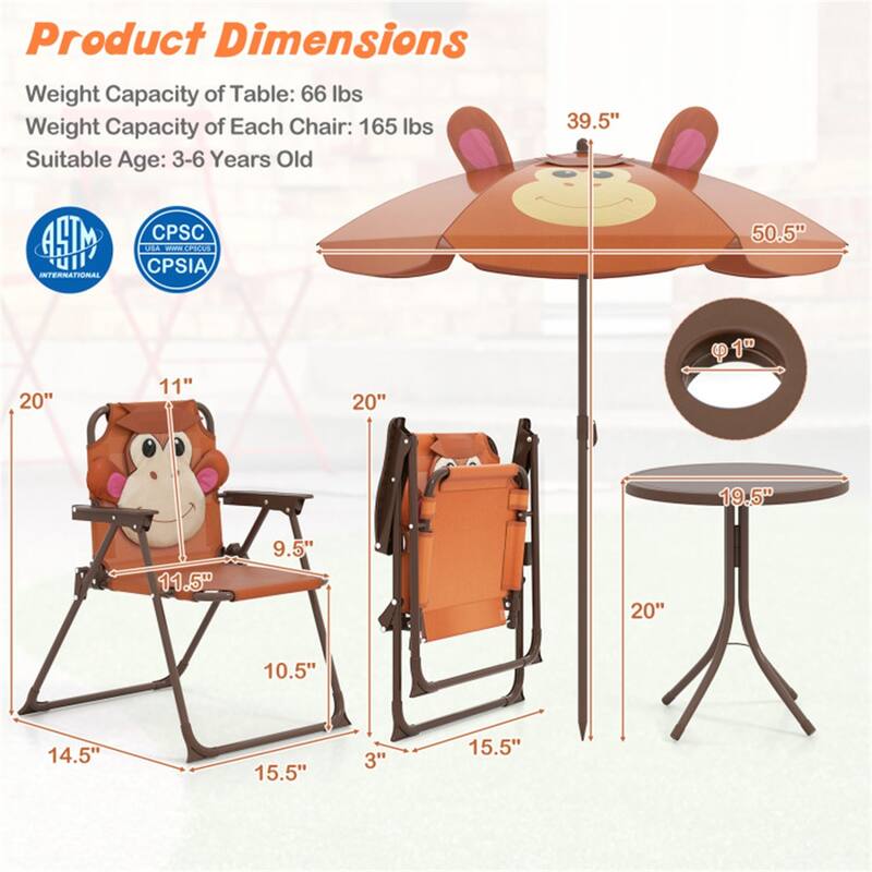 Kids Outdoor Picnic Table and Chair Set with Adjustable Umbrella Lion Pattern Foldable Table and Chairs for Ages 2-5