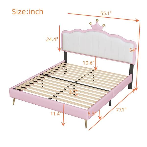 Full size Upholstered Princess Bed With Crown Headboard,with Headboard and Footboard with Light Strips,White+Pink
