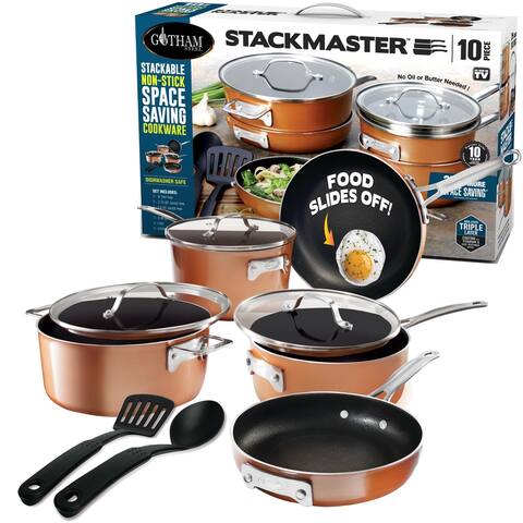 Stackable Nonstick Pots & Pans Set 10 Pcs Copper Cast Stackable Cookware Set