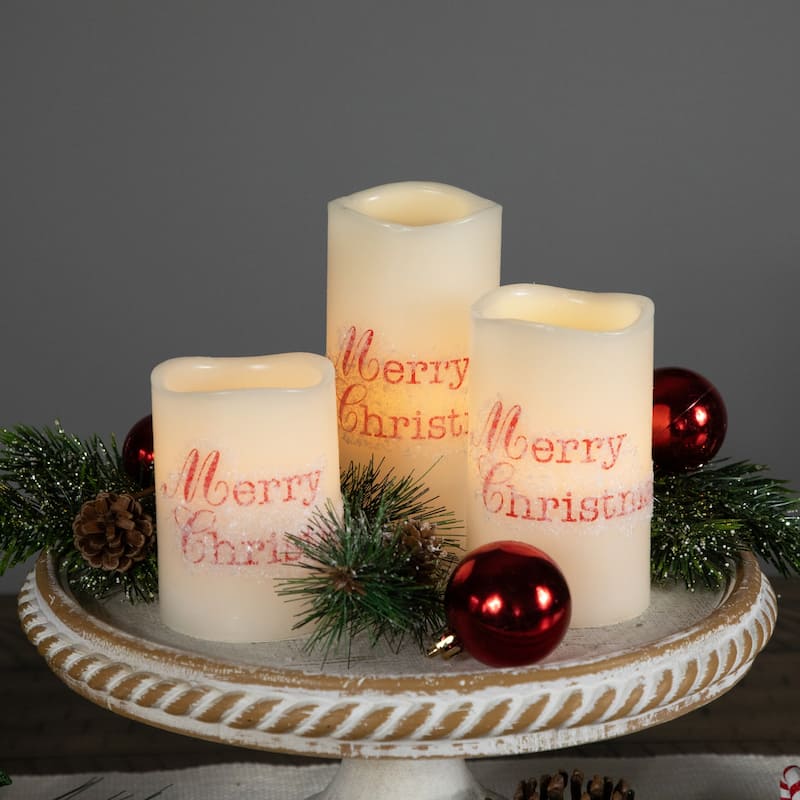 3 Frosted White "Merry Christmas" Flameless LED Wax Pillar Candles 6"
