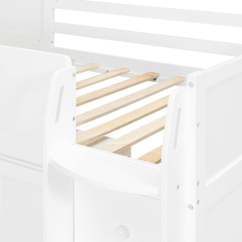 Twin Wood Loft Bed with Desk, Drawers & Cabinets, Space-Saving Design