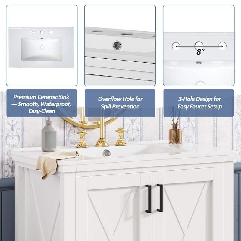 30" Bathroom Vanity with Single Sink - Solid Wood & MDF, 2 Soft-Close Doors, Divided Drawer, Dual Shelves, Compact Storage