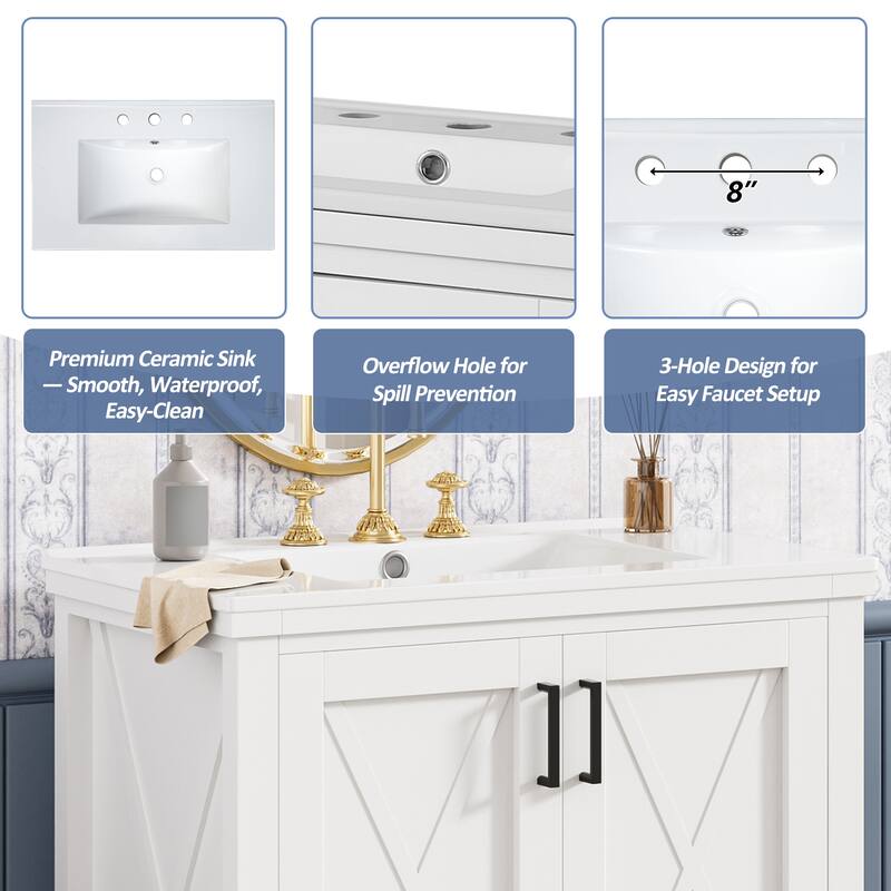 30" Modern Bathroom Vanity with Single Sink, Solid Wood Frame, Soft-Close Doors, and Storage Shelves