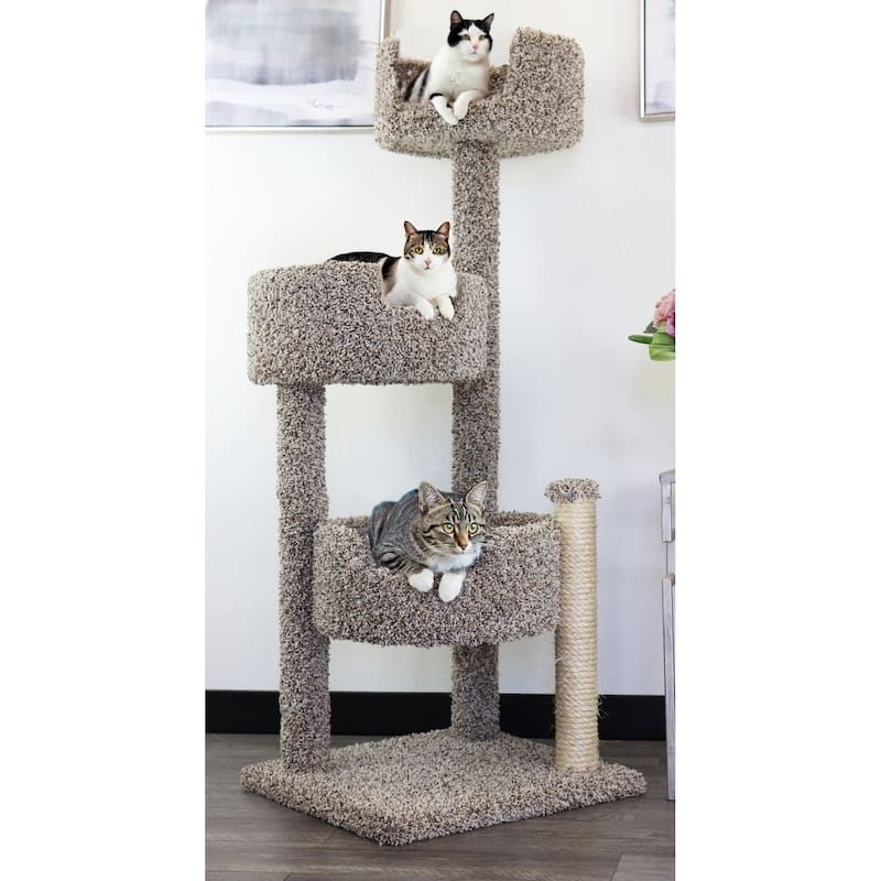 Real Wood Carpeted Cat Tree with Four Levels and Sisal Scratching Posts for Multiple Cats